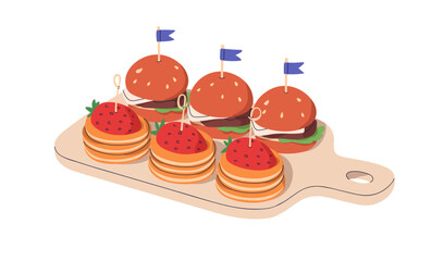 Canape, tapas set. Mini burgers and tiny sweet pancakes served on board. Miniature finger food, snacks on toothpicks. Appetizers, starters. Flat vector illustration isolated on white background