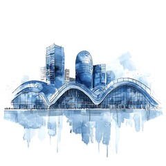 Watercolor Sketch of Modern Cityscape with Unique Architectural Designs.