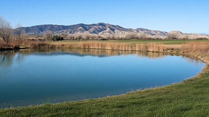 Fototapeta premium Serene Mountain Lake Reflection: A Picturesque Golf Course Vista