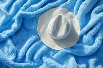 Summer essentials: blue towel and beach hat in relaxing setting