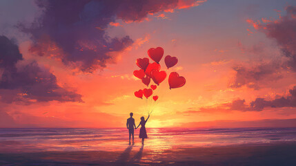 Romantic couple silhouette holding heart-shaped balloons on a tranquil beach at sunset, with vibrant colors reflecting off the serene water for a perfect love scene.