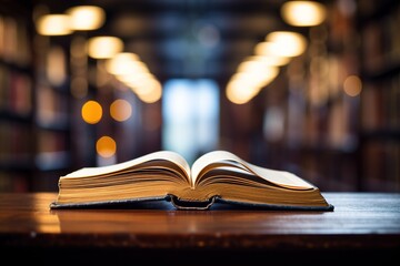 closeup old big book is open on wooden table in a library with blurred background