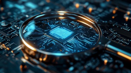 High-tech magnifying glass focuses on a computer chip on a circuit board.