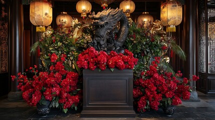 Opulent Chinese Dragon Statue with Red Floral Arrangement