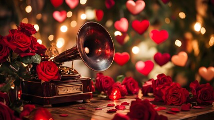 A vintage gramophone playing love songs, surrounded by heart-shaped decorations and roses