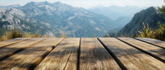 Wooden Deck Overlooking Mountain Range.