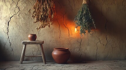 A minimalist mud house room with cracked earthen walls, a handmade wooden stool, and a bundle of dried herbs hanging from the ceiling. 