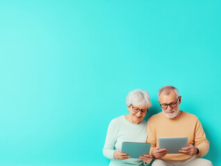 Senior couple using digital tablets against bright turquoise background