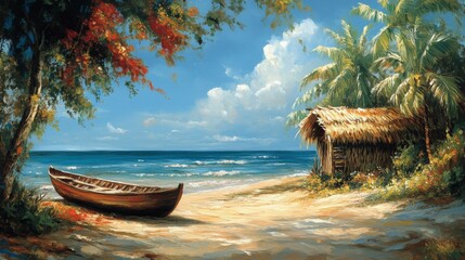 Obraz premium Tropical Beach Scene with Wooden Boat and Hut