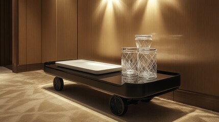 A modern black wheeled service trolley with a glossy finish, featuring a white rectangular platter and glass jars with geometric patterns.