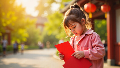 Girl looking at red envelopes in a sunny park