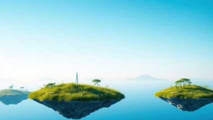 Serene Floating Islands in a Calm Azure Sea with Lush Vegetation