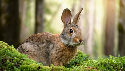 Fototapeta premium A wild rabbit amongst lush green vegetation in a forest.