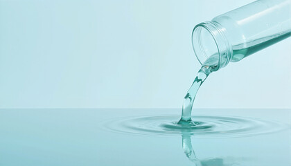 Pouring water from a glass flask creating ripples on a light blue background with copy space, Chemistry theme