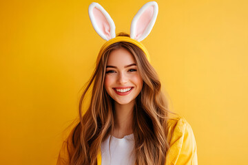 Happy young woman wearing easter rabbit headband with ears on background.