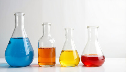 Four laboratory flasks with colorful liquids on white table for chemistry theme and experiments, Chemistry theme