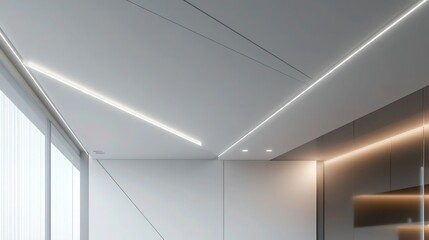 A modern suspended ceiling design featuring a combination of sleek white drywall panels and recessed LED strip lighting along the edges, creating a floating effect. 