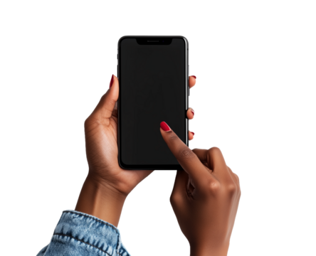 Person with dark skin holding black smartphone, tapping screen, wearing denim jacket, red nails, and ring, isolated, transparent background, PNG format.
