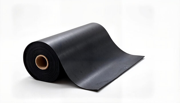 Roll of black rubber material on white background for industrial applications, Chemistry theme