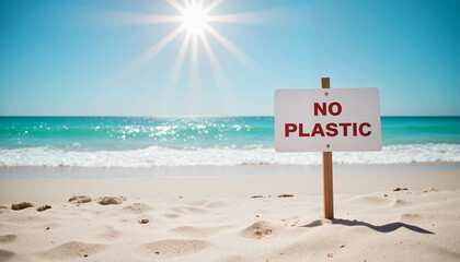 No plastic sign on sandy beach under clear blue sky