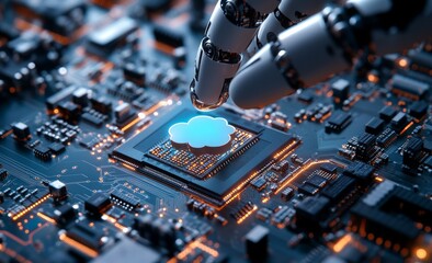 Robotic Arm Picking Up a Cloud Icon from a Microchips Board on a Technology Background with Digital Data