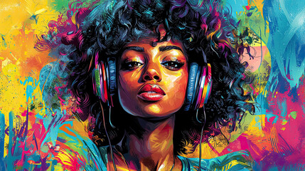 Colorful African American Woman Wearing Headphones, 3D Render with Vibrant Colors, Detailed Illustration with Highly Textured Background, Artistic and Modern Design, Perfect for Music, Fashion