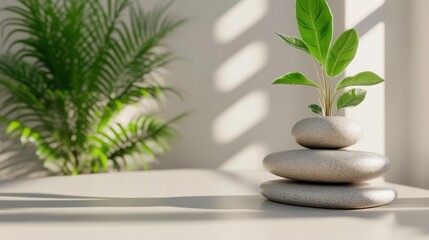 Obraz premium Serene Plant with Stones in Natural Light Setting