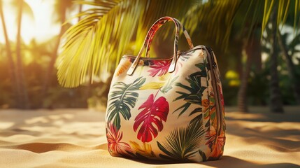 Tropical beach setting with leaf patterned handbag in sunlight
