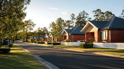 Naklejka premium Row of modern brick houses line a calm suburban street with green foliage under clear skies, ideal for property advertising.