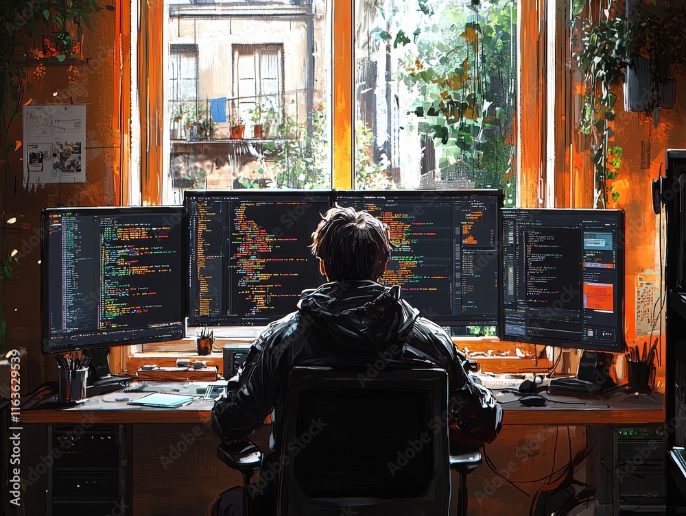 Poster a web developer's minimalist home office centered on coding and boosting productivity