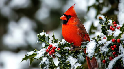 Bright cardinal perched on a holly branch surrounded by snow during winter