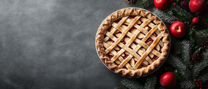 Flat lay festive apple pie with latticed crust on grey background, copy space