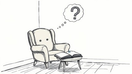 Fototapeta premium A comfortable armchair with a book rests on a small table, a question mark floats in a thought bubble above, suggesting contemplation and quiet reading time.