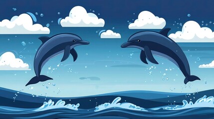 Obraz premium A playful scene of dolphins jumping out of the ocean in synchronized arcs, surrounded by shimmering water splashes. .