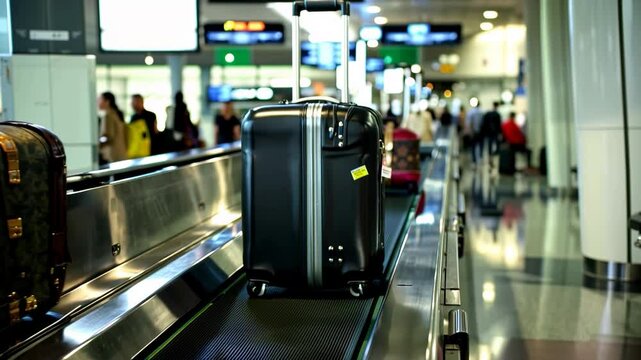 A black suitcase travels down the conveyor belt at a bustling airport baggage claim area, surrounded by travelers waiting for their luggage
