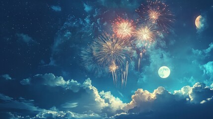 Fototapeta premium Night Sky Fireworks Illuminating Clouds in Moonlight