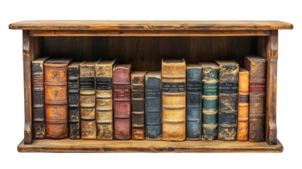 old books in a library on white background