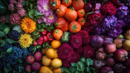Vibrant Assortment of Fresh Fruits and Colorful Flowers