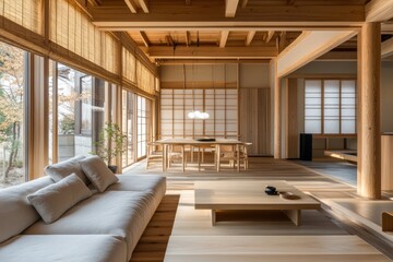 Obraz premium Minimalist japandi interior design living room modern home photography cozy environment natural light aesthetic concept for serenity and harmony