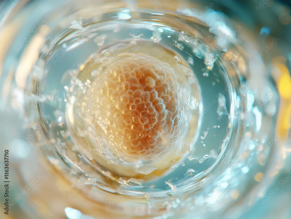 Poster a magnified view of bubbles forming around a central object submerged in water, creating an abstract