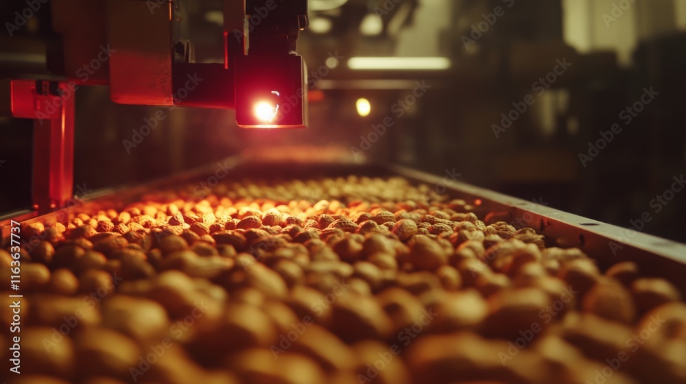 Fototapete This production line showcases advanced AI technology sorting and processing nuts. A red light indicates scanning as nuts move along the conveyor, ensuring quality and efficiency in food production.