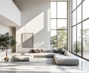 Fototapeta premium Spacious minimalist home interior design in modern living room high-fidelity gigapixel images bright natural light contemporary style
