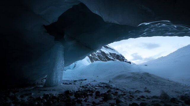 Day to night winter sunset time lapse as the ice arch within a glacier cave in the Swiss Alps transforms into dark blue in Zinal, Switzerland with clouds moving next to a giant frozen waterfall icicle