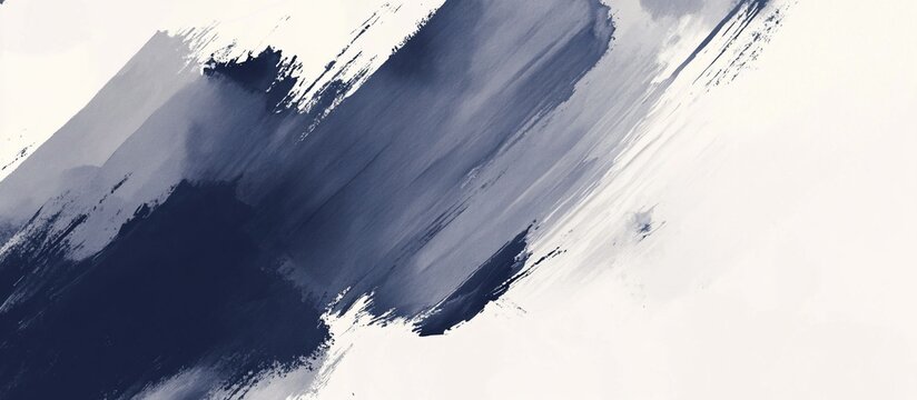 Abstract dark blue and gray paint brushstrokes on white background.
