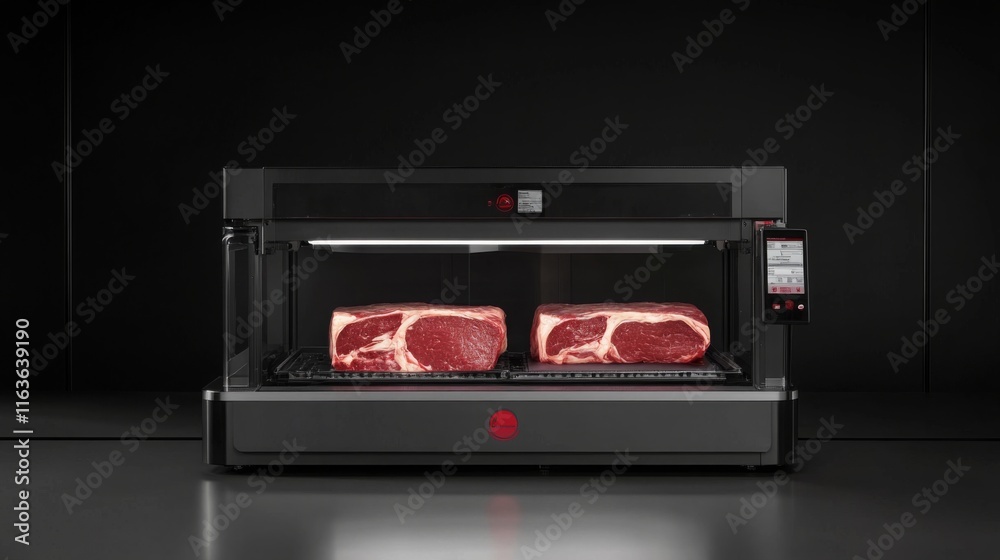 Aufkleber Advanced ai technology optimizes a food production line, showcasing prime cuts of meat under controlled conditions in a sleek, modern kitchen environment designed for efficiency.