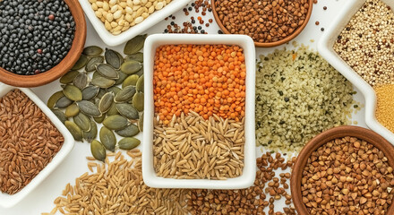 Set cereals, tri-color quinoa, black beluga lentils, quinoa, golden linseed, brown flax seeds, green and red lentil, amaranth, integral rice, spelt, hemp seeds, and buckwheat isolated on white, top