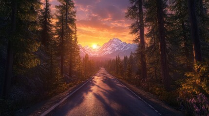 Fototapeta premium An empty, wet asphalt road cuts through a dark evergreen forest toward distant mountains illuminated by the dramatic orange light of a powerful.