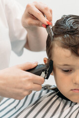 A female hairdresser cuts a little boy's hair with a hair trimmer.