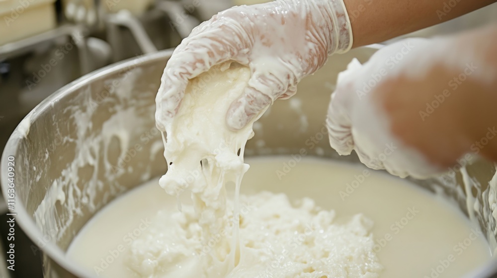 Poster hands in gloves pull curds from a large pot of fresh milk. advanced ai technology streamlines the fo