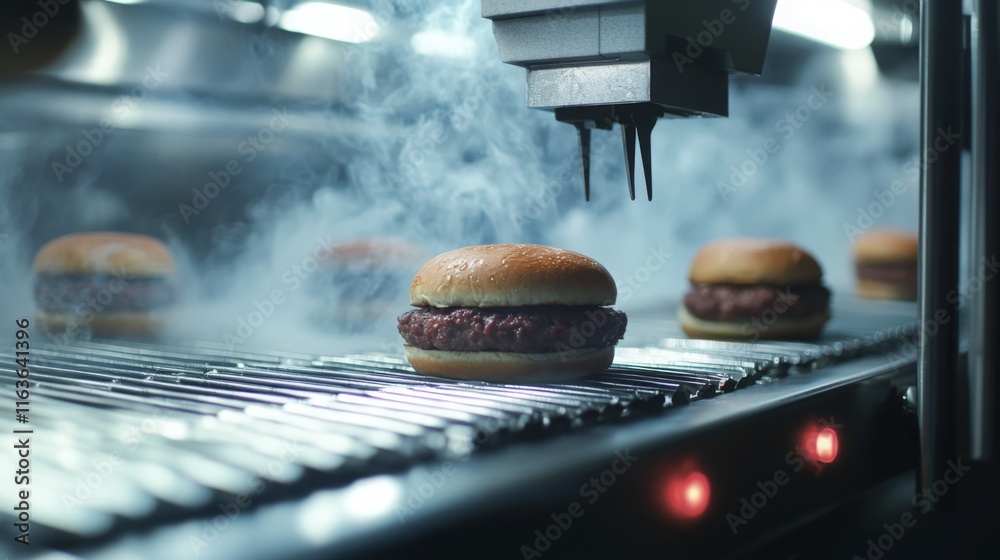 Leinwandbilder A state-of-the-art food production line utilizes advanced technology to cook burgers. The automated system ensures efficiency and consistency while creating delicious meals in a fast-paced kitchen.